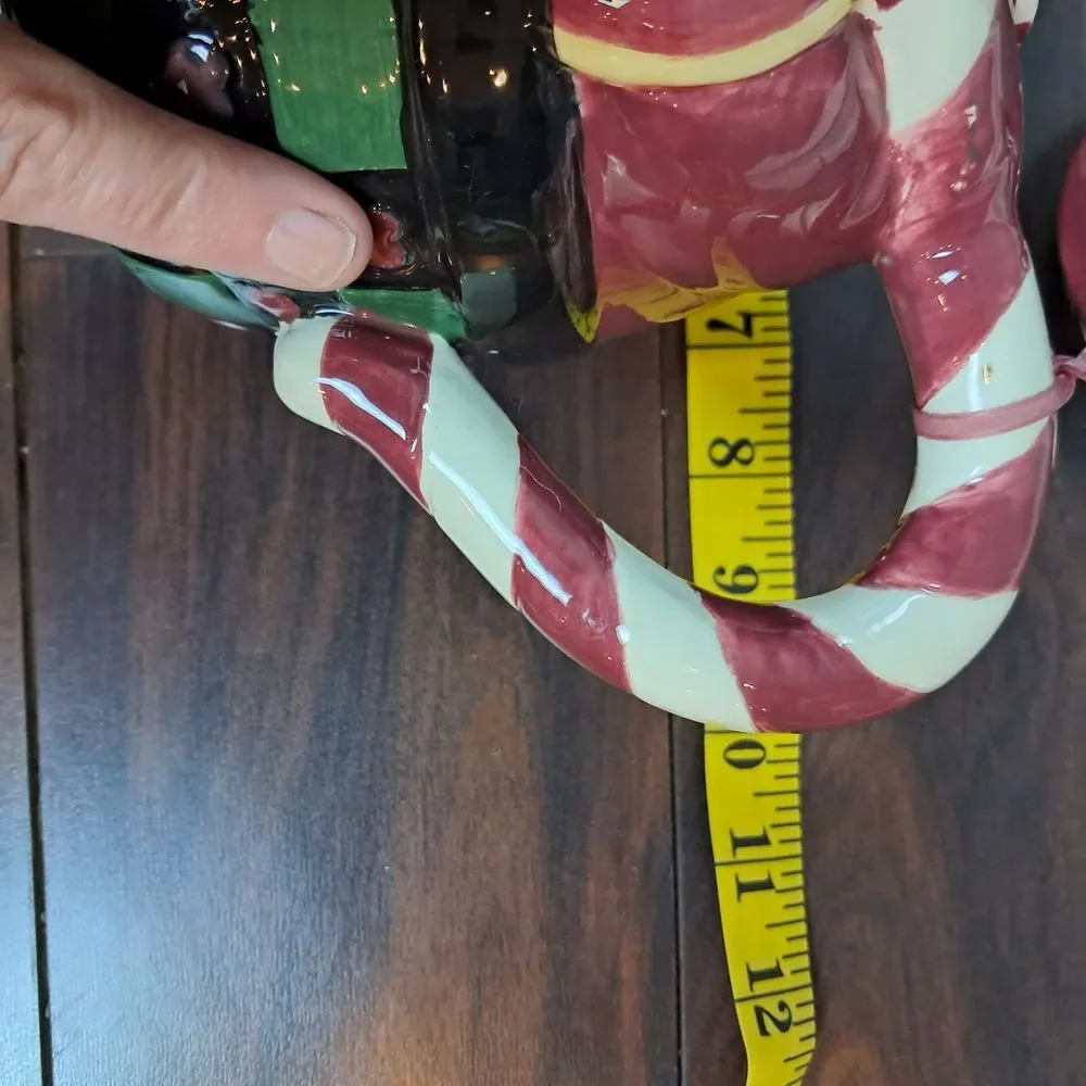 Vintage Christmas Santa Teapot Candy Cane Handle Ceramic Holiday Tea Pot Lantern